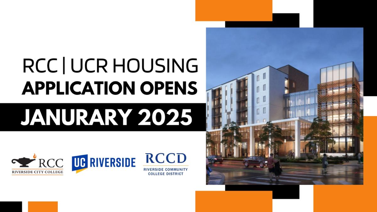 Housing banner with image render of the building - black and orange rectangular tiles as the background - RCC UCR Housing Application Opens January 2025