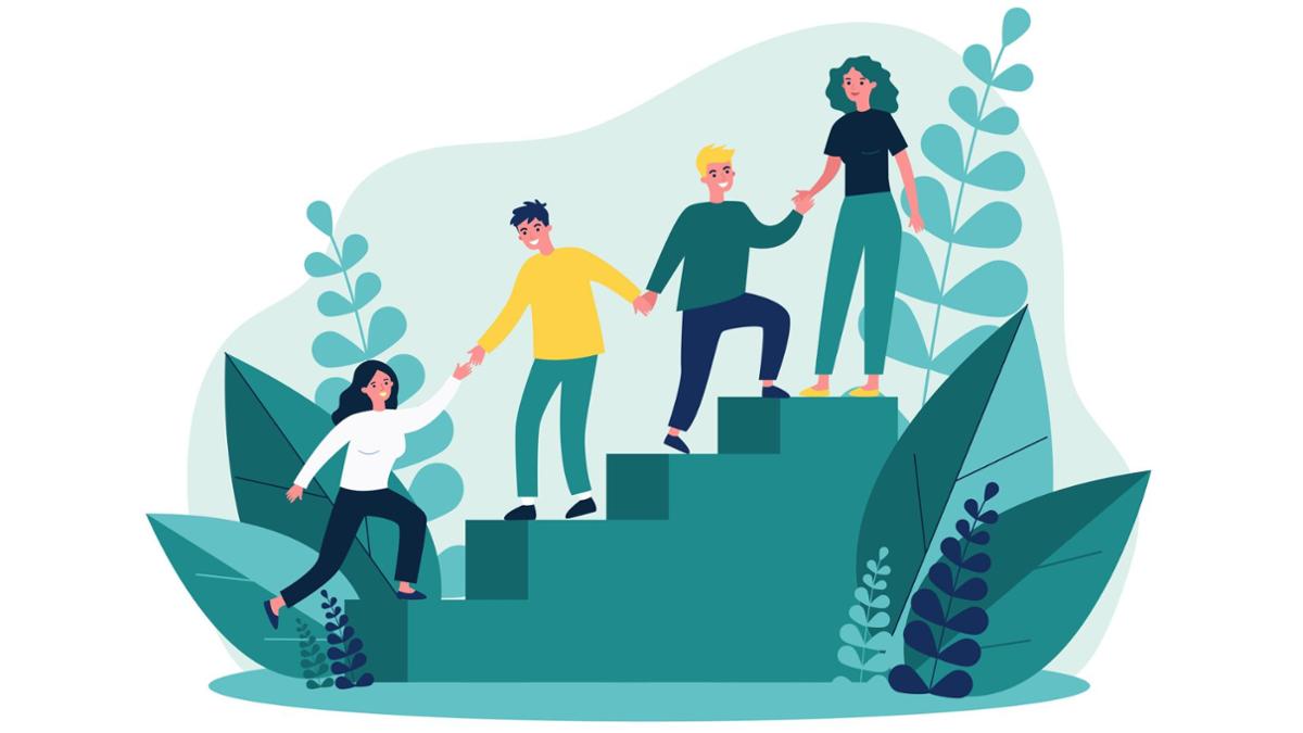 Clip art of people walking up large block stairs, they're helping each other