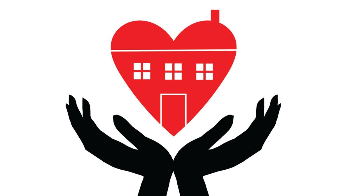 Red heart with a housing outline, hands cupping the house/heart